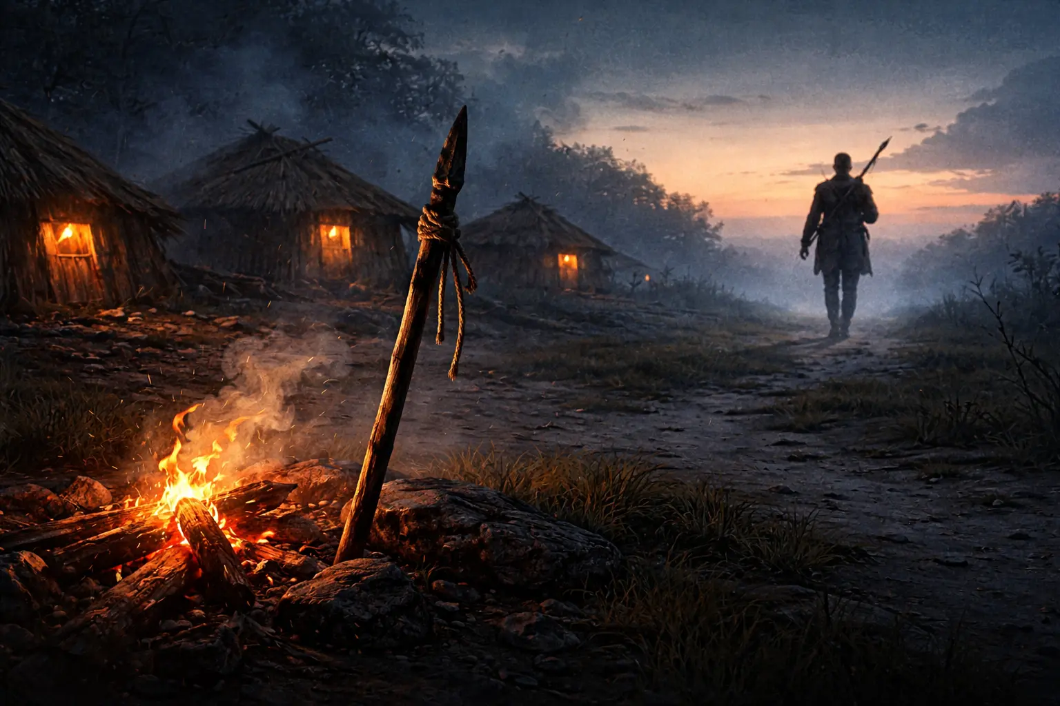 A symbolic scene of a lone hunter leaving a village carrying a spear, representing customers building their own tools instead of subscribing.