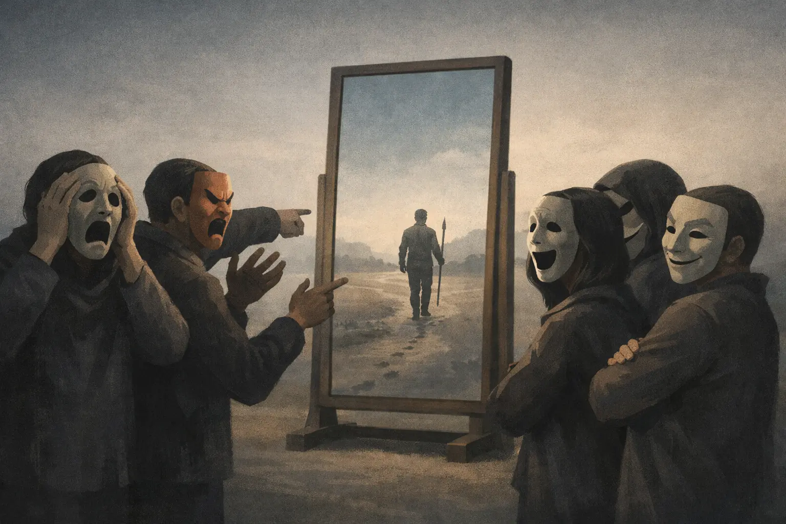 A group wearing masks stands before a mirror that reflects a customer walking away, symbolizing projection, ego, and cultural blindness.