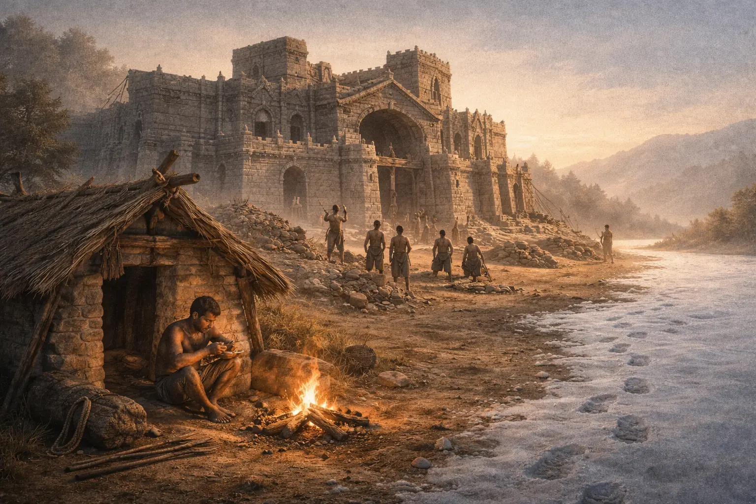 A tribe builds a massive stone mansion while one person happily lives in a small hut, symbolizing feature bloat and customers choosing simpler ownership.