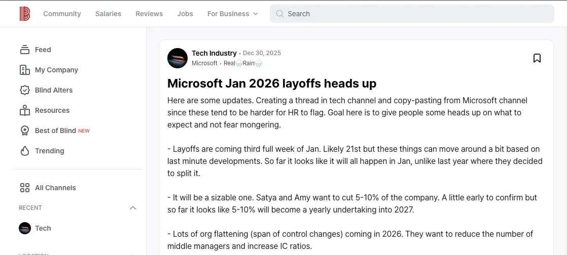 Screenshot of a Blind forum post discussing potential Microsoft January 2026 layoffs (rumor/sentiment signal, not official confirmation).