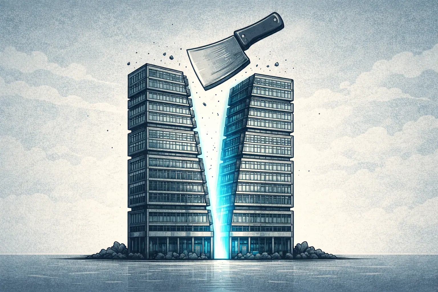 Editorial illustration of four Microsoft legacy pillars cracking as the company shifts focus toward cloud AI.