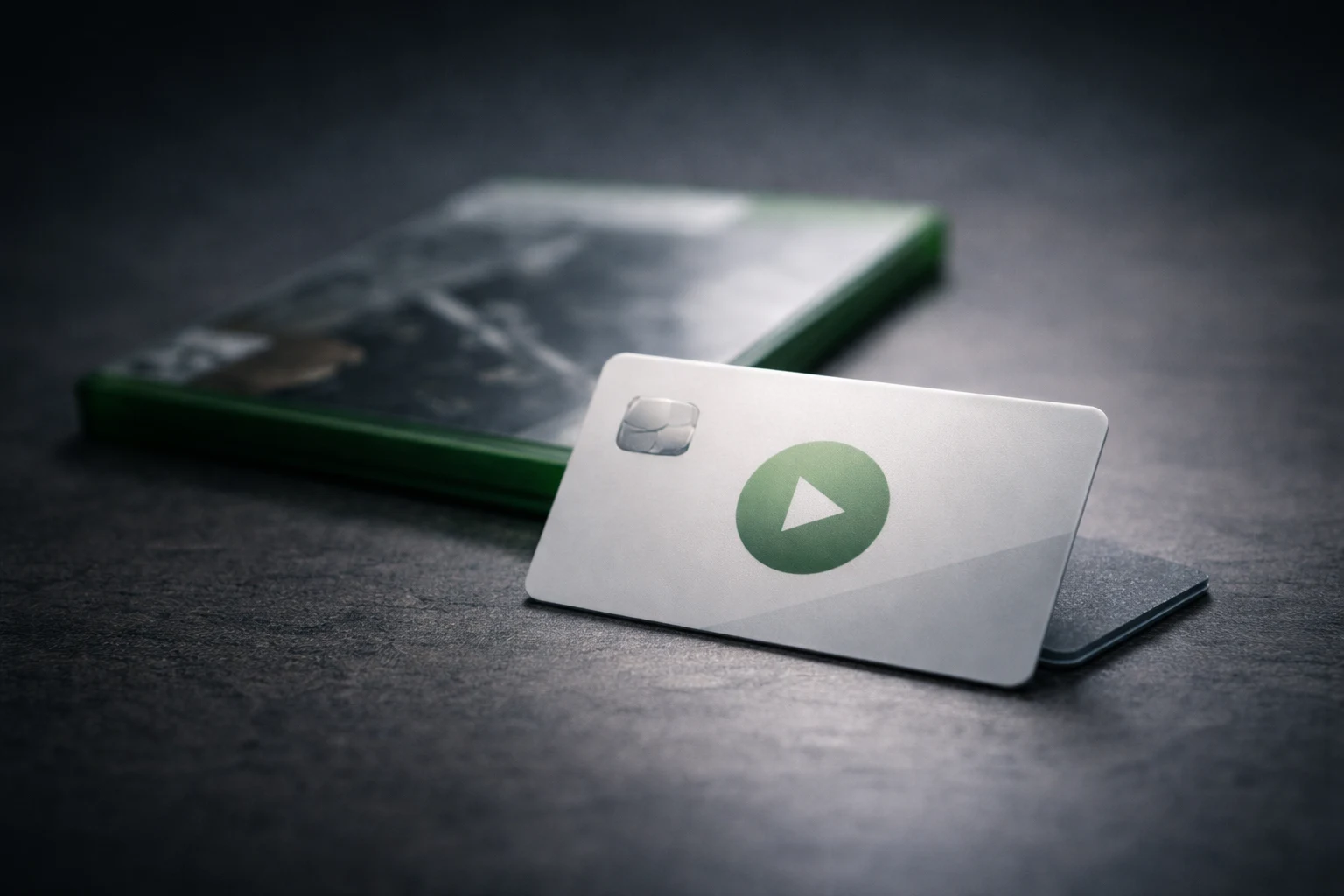 A cinematic still-life of a subscription card in sharp focus with a physical game case blurred behind, symbolizing revenue cannibalization