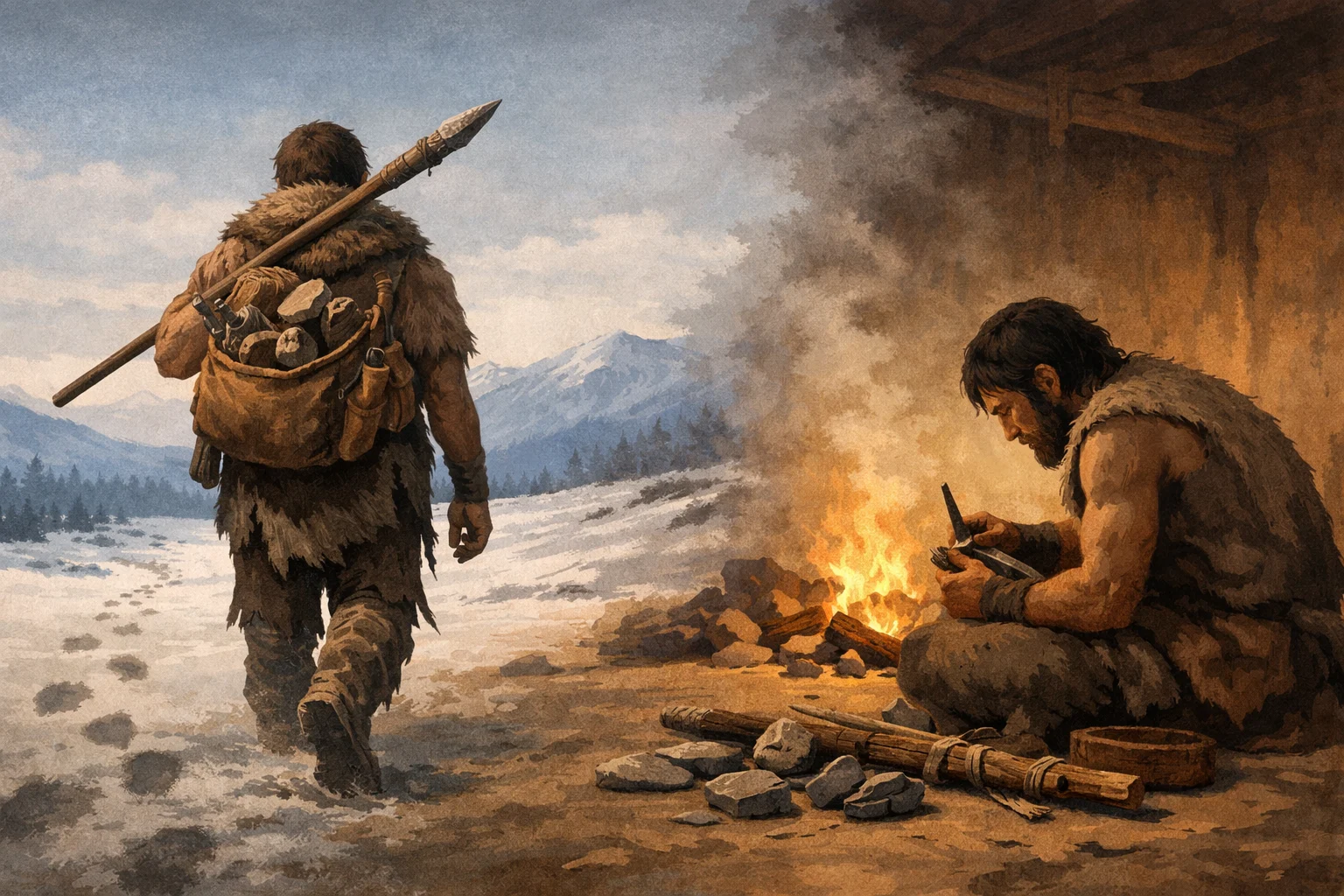 Two builders: one walking toward a winter horizon carrying a finished spear and bag, the other staying beside tools polishing an unfinished spear, symbolizing commercial readiness versus technical isolation.