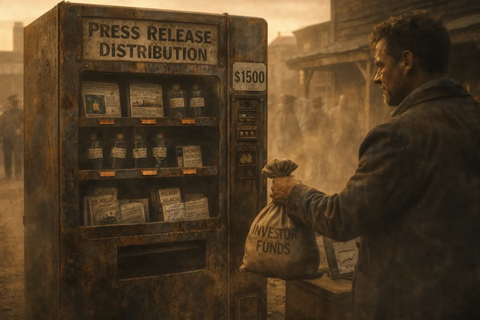 Rusty vending machine labeled “Press Release Distribution” dispensing screenshot frames and bottles marked “Reach” as a founder hesitates to pay with investor funds.